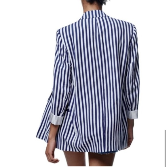 NWT ZARA STRIPED POCKETED BLAZER NAVY / WHITE | 7560/825 size Large - Picture 5 of 8